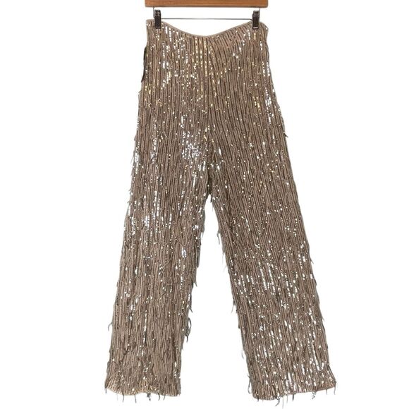 NWT GUESS Heidi Sequin Fringe Wide Leg Pants Womens SIZE MEDIUM Pearl NYE Shiny - Picture 2 of 16